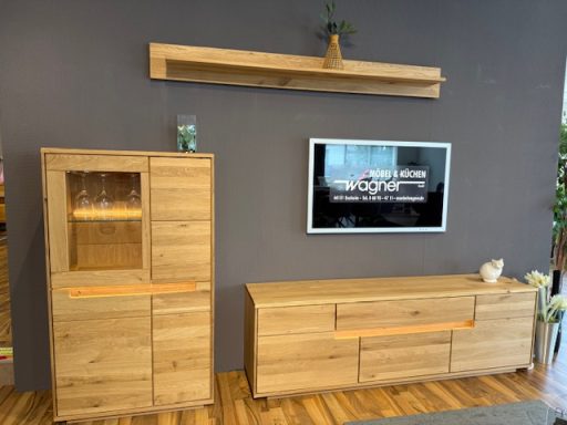Vollmassive Wohnwand  mit Highboard Holz/Glas, TV Unterteil, Wandboard in moderner Art